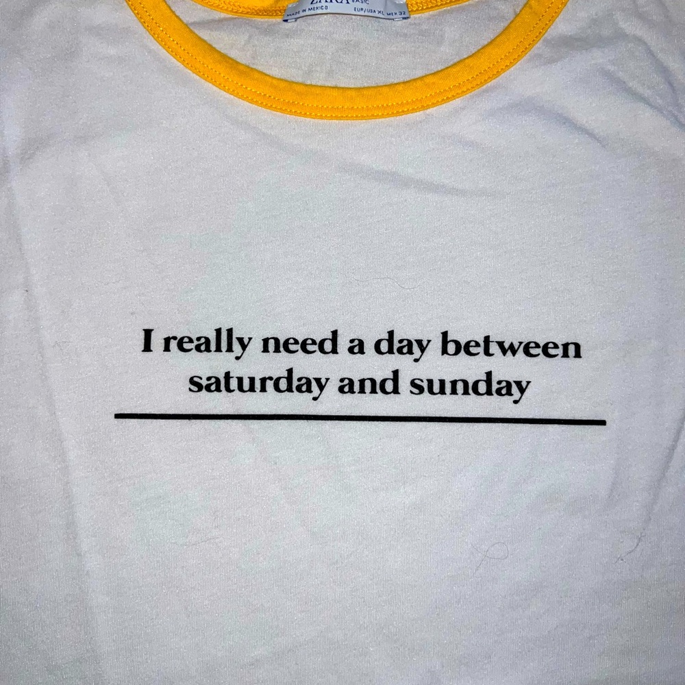 Zara Basic White Ringer Word Tee. Yellow Trim XL